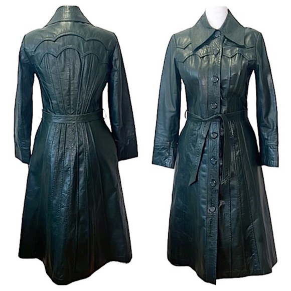 Vintage Jackets & Blazers - Vintage green leather trench coat